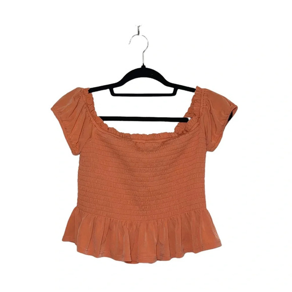 BCBGeneration NWT Papaya Off the Shoulder Smock Cropped Peplum Top Small Women’s - Picture 6 of 11
